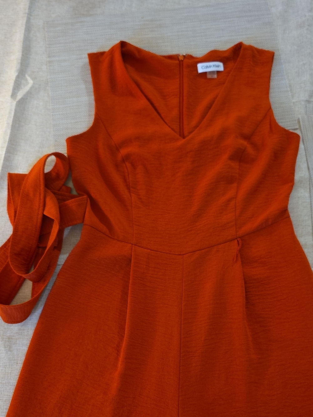 Calvin Klein Orange Sleeveless V-Neck wide leg junpsuit romper with Waist Tie